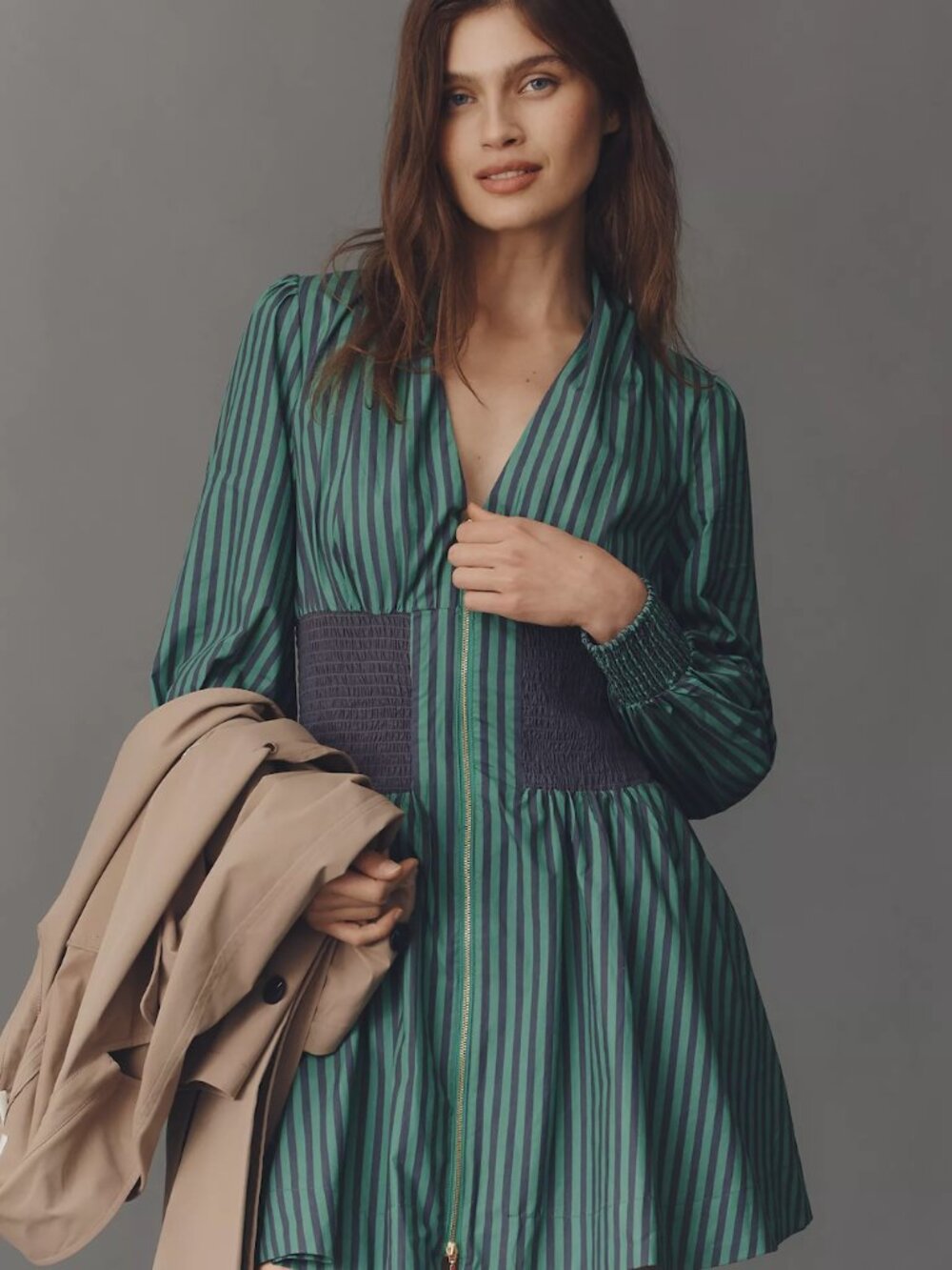 Anthropologie Tommie Long-Sleeve Smocked Front-Zip Mini Shirtdress, NWT, XL